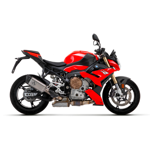 BMW M 1000 R rossa con terminale Arrow Pista montato, vista laterale sinistra — immagine di gamma Arrow