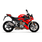 BMW M 1000 R rossa con terminale Arrow Pista montato, vista laterale sinistra — immagine di gamma Arrow