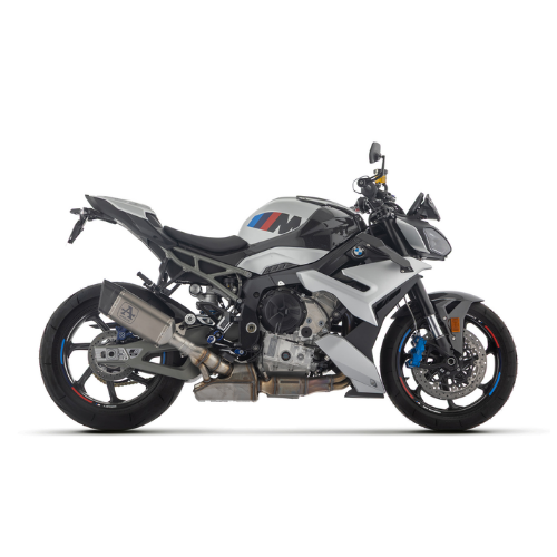 BMW S 1000 R bianca e blu con terminale Arrow Pista montato, vista laterale sinistra — immagine di gamma Arrow