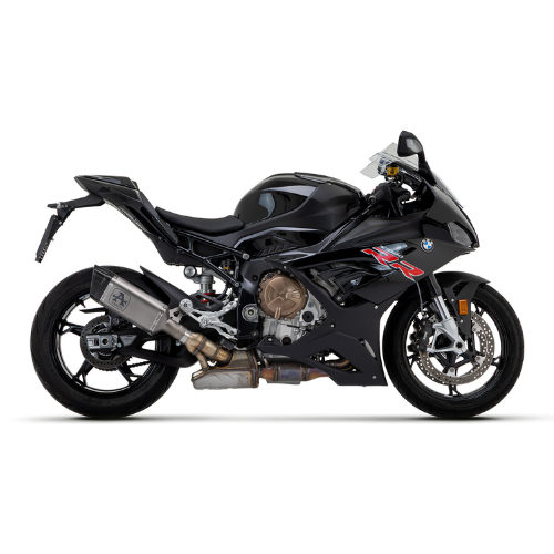BMW S 1000 RR nera con terminale Arrow Pista montato, vista laterale sinistra — immagine di gamma Arrow