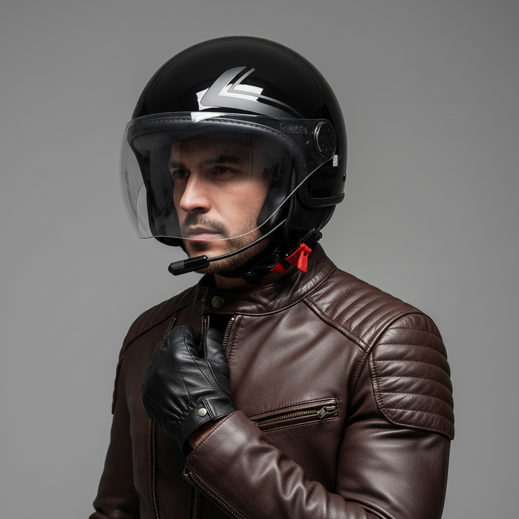 Immagine di presentazione: uomo con giacca in pelle marrone che indossa un casco jet nero