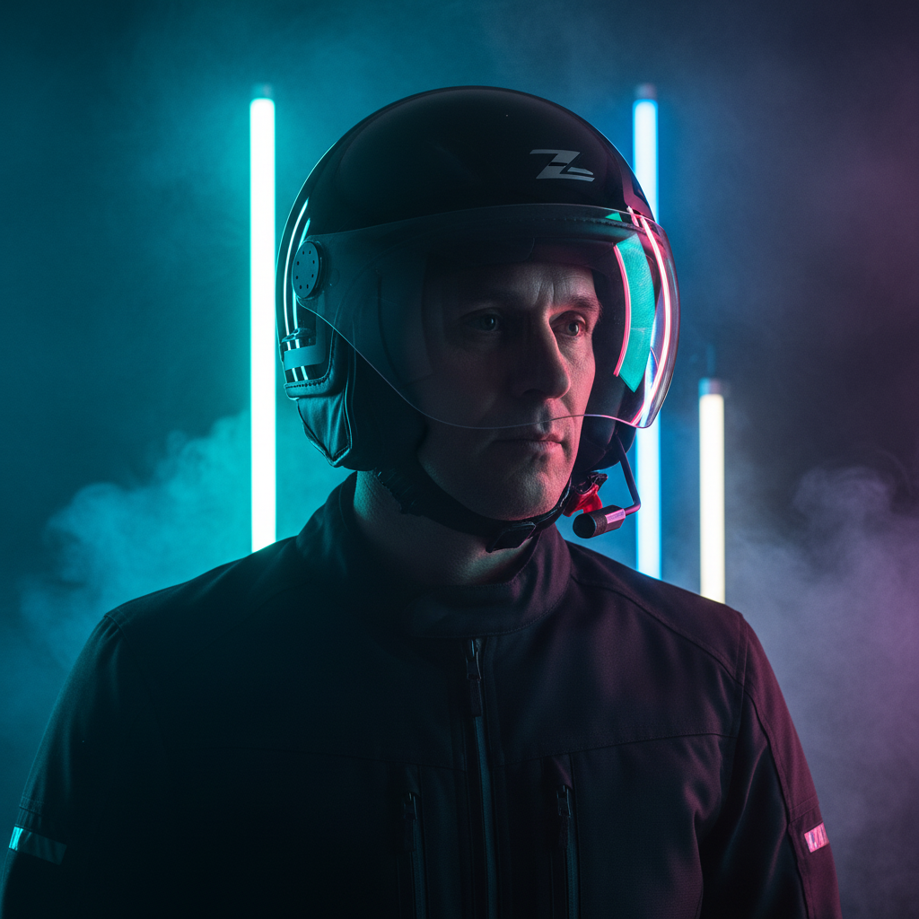 Immagine di presentazione: ritratto con casco jet nero su fondo scuro con luci al neon