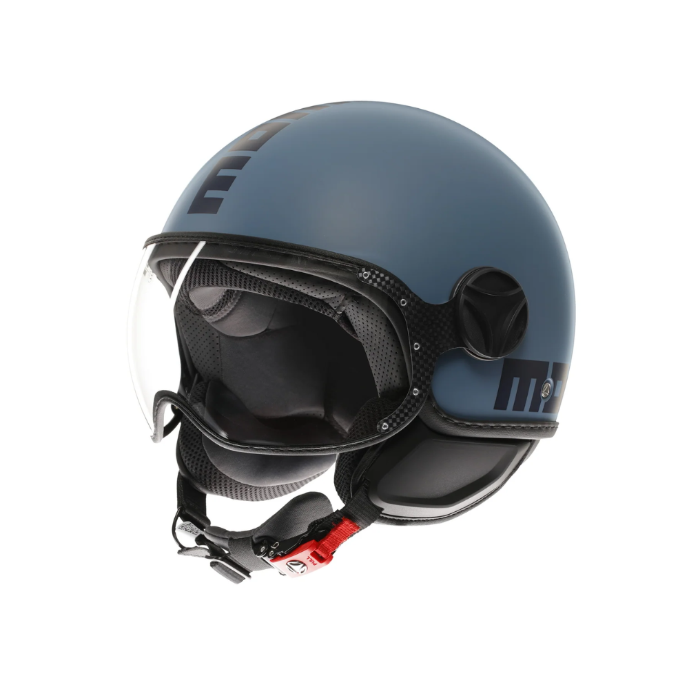 Casco jet Momo Design FGTR Classic blu polvere opaco, lato sinistro con visiera trasparente abbassata