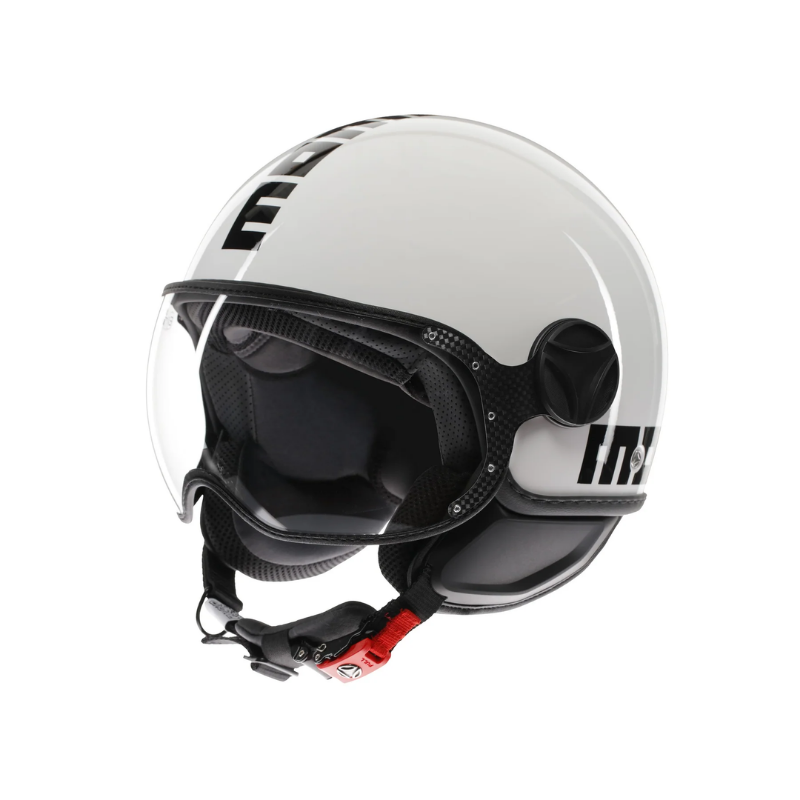 Casco jet Momo Design FGTR Classic Mono bianco lucido con calotta nera, vista di tre quarti anteriore sinistra