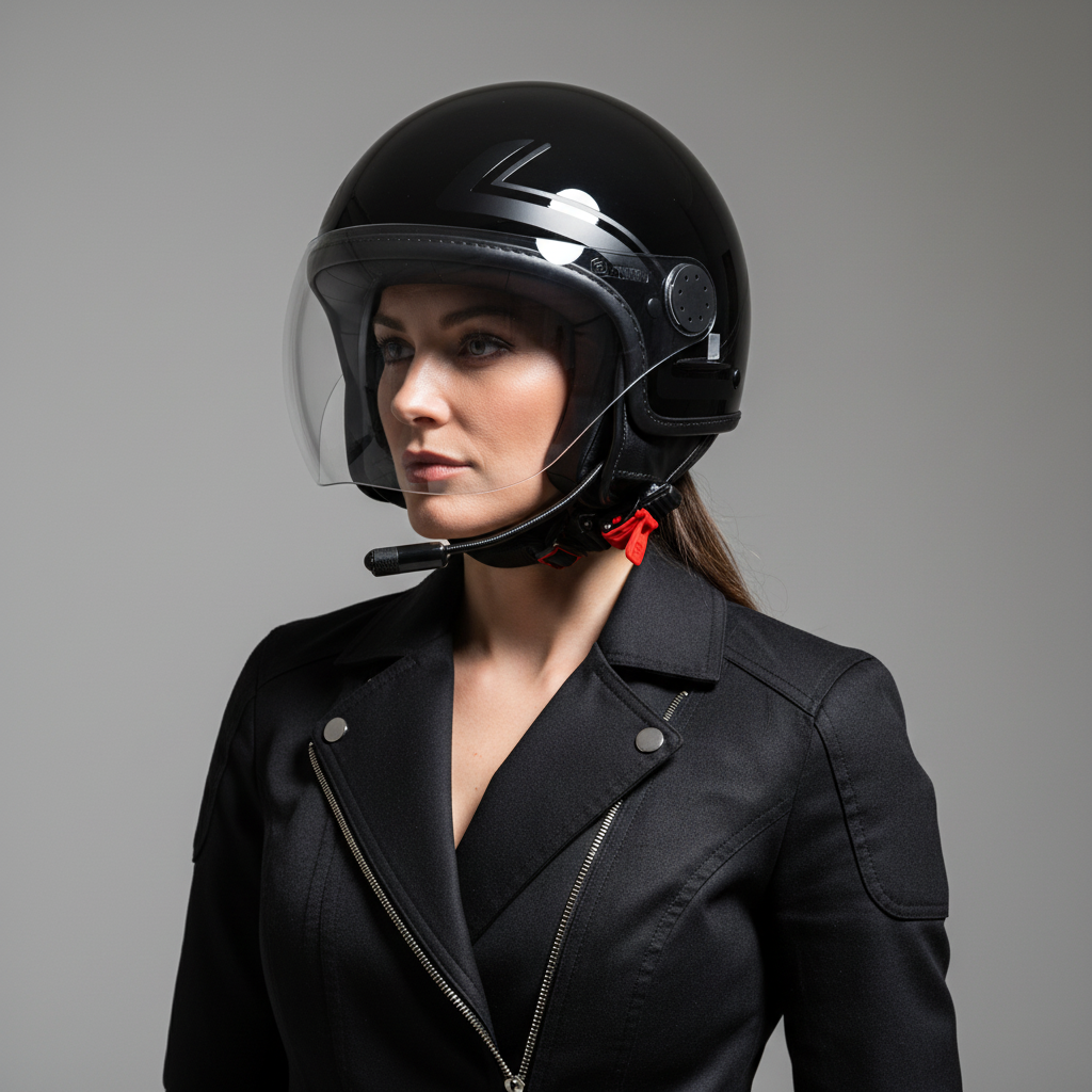 Immagine di presentazione: donna con chiodo in pelle che indossa un casco jet nero