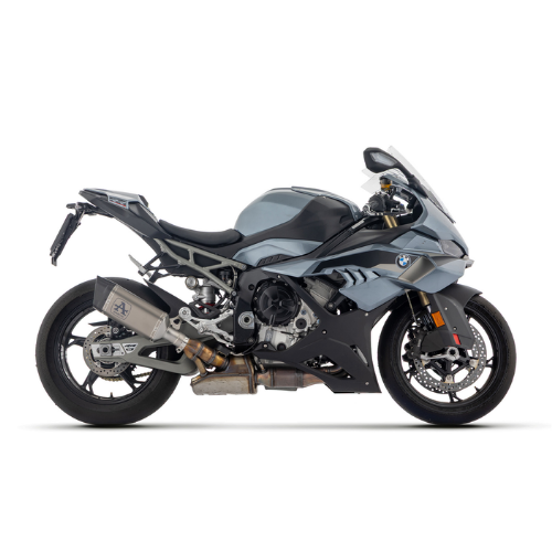 BMW S 1000 RR grigia con terminale Arrow Pista montato, vista laterale sinistra — immagine di gamma Arrow