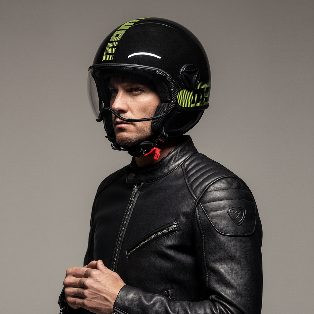 Casco Momo Design FGTR Classic Stripes nero glitter indossato da un uomo in giacca di pelle