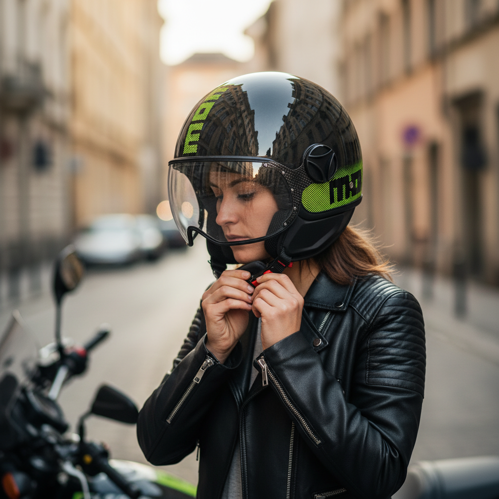 Casco jet Momo Design FGTR Classic Stripes nero glitter allacciato da una ragazza in strada