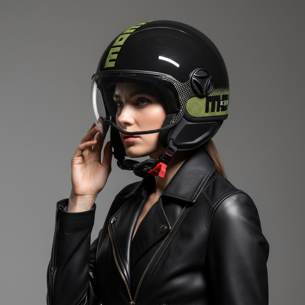 Casco jet Momo Design FGTR Classic Stripes nero e giallo fluo di profilo su una motociclista