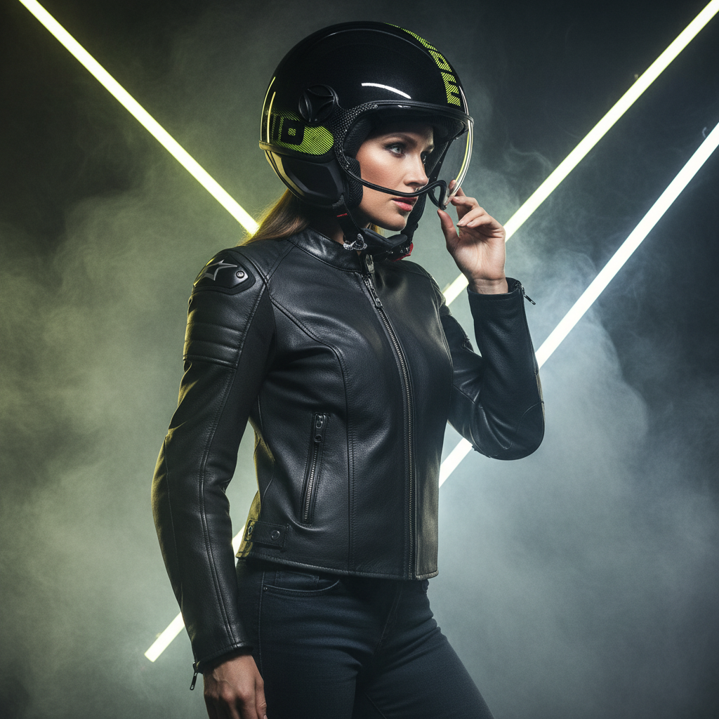 Casco Momo Design FGTR Classic Stripes nero e giallo fluo su una ragazza fra neon e fumo