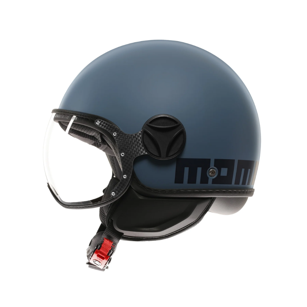 Casco jet Momo Design FGTR Classic blu polvere opaco, lato sinistro con visiera trasparente alzata