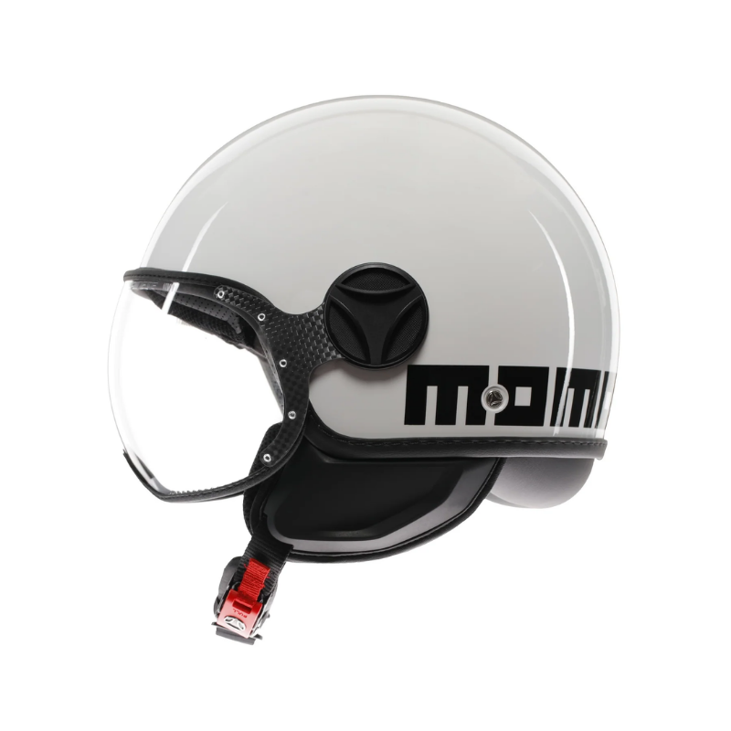 Casco jet Momo Design FGTR Classic Mono bianco/nero, vista laterale sinistra con visiera abbassata