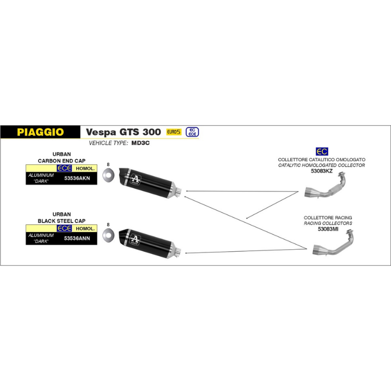 Arrow 53083MI Racing Collector Stainless Steel – Piaggio Vespa GTS 300 / GTS 300 HPE / GTV 300 (2021-2024)