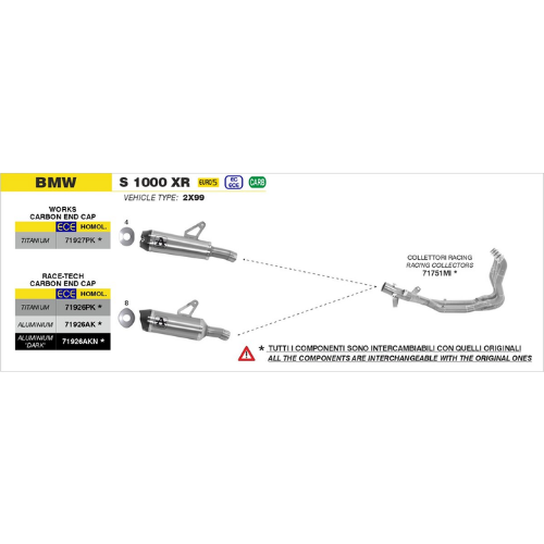 Schema di montaggio Arrow per BMW S 1000 XR 2020-2023, vehicle type 2X99, con Race-Tech 71926AKN, 71926AK, 71926PK, Works 71927PK e collettori racing 71751MI