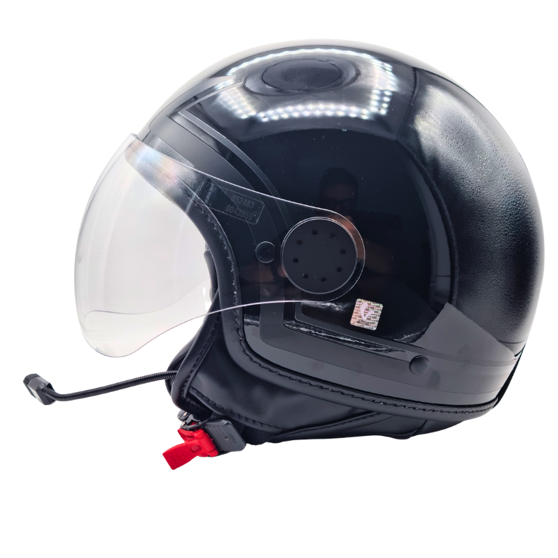 Casco jet Vespa Mirror nero, lato sinistro con microfono ad asta e leva rossa del sottogola