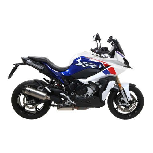 BMW S 1000 XR bianca blu e rossa con terminale Arrow Race-Tech montato, vista laterale sinistra — immagine di gamma Arrow