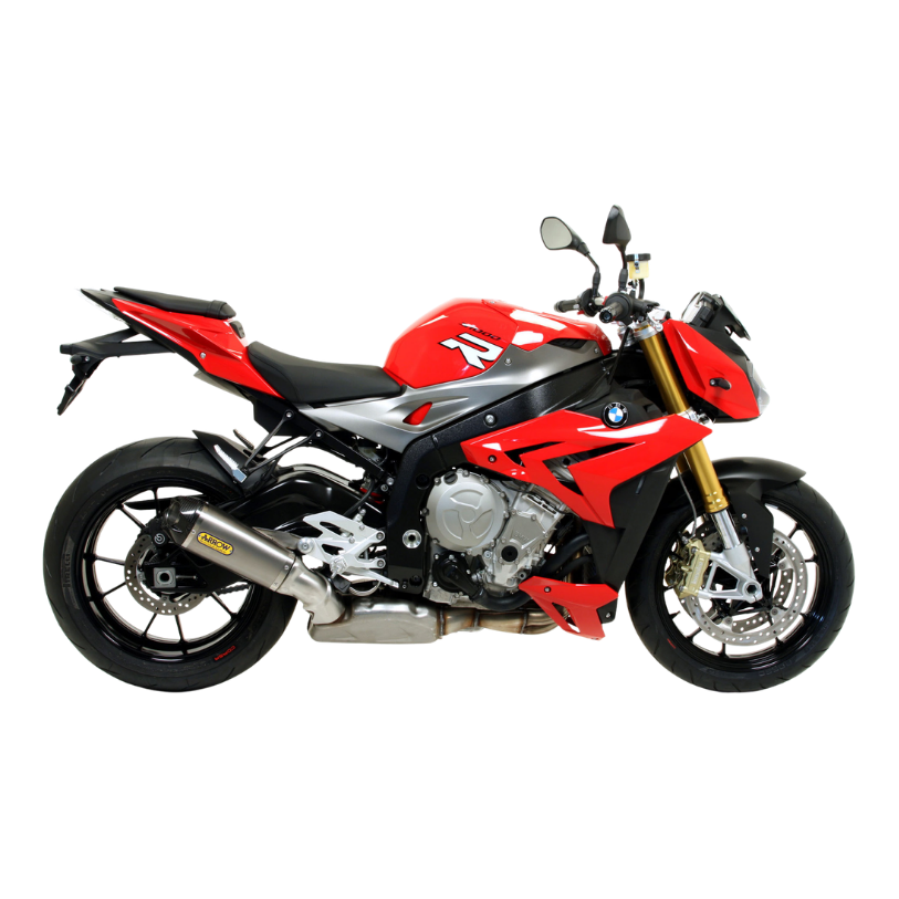 BMW S 1000 R rossa e bianca con terminale Arrow Works montato, vista laterale sinistra — immagine di gamma Arrow