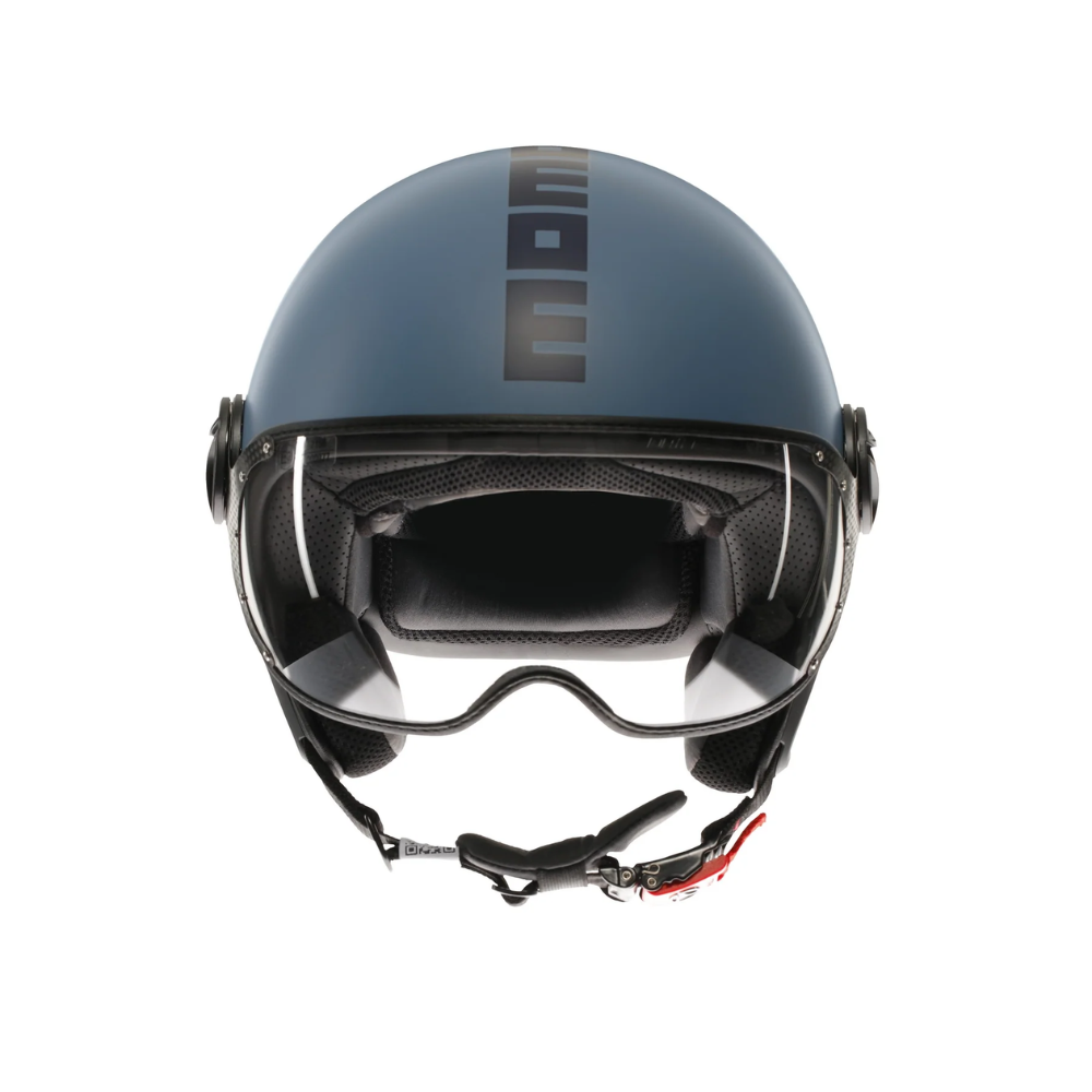 Casco jet Momo Design FGTR Classic blu polvere opaco, vista frontale con visiera alzata e sottogola