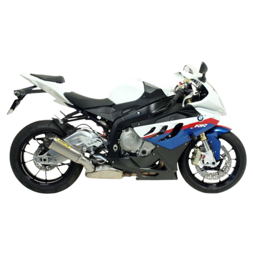 BMW S 1000 RR bianca blu e rossa con terminale Arrow Works montato, vista laterale sinistra — immagine di gamma Arrow
