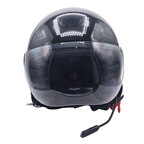 Casco jet Vespa Mirror nero, vista frontale con visiera trasparente abbassata e microfono in basso