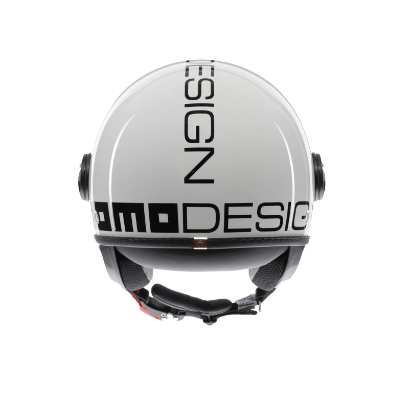 Casco jet Momo Design FGTR Classic Mono bianco/nero, vista posteriore con lettering MOMODESIGN nero