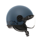 Casco jet Momo Design FGTR Classic blu polvere opaco, lato destro con visiera trasparente e nottolino nero