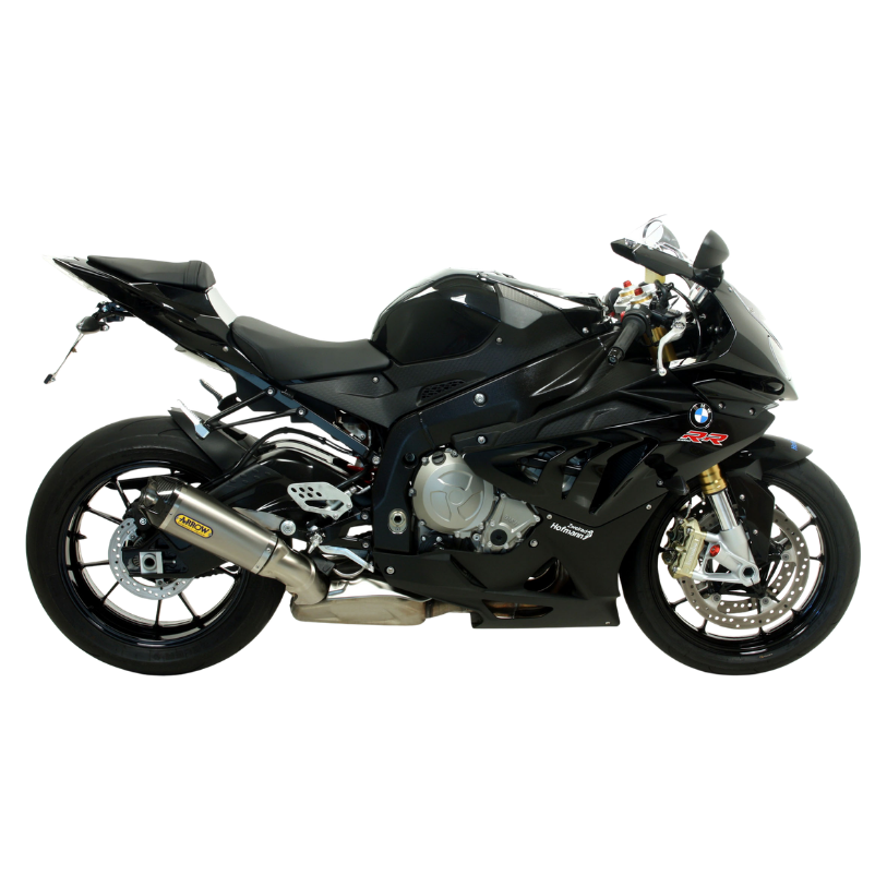 BMW S 1000 RR nera con terminale Arrow Works montato, vista laterale sinistra — immagine di gamma Arrow