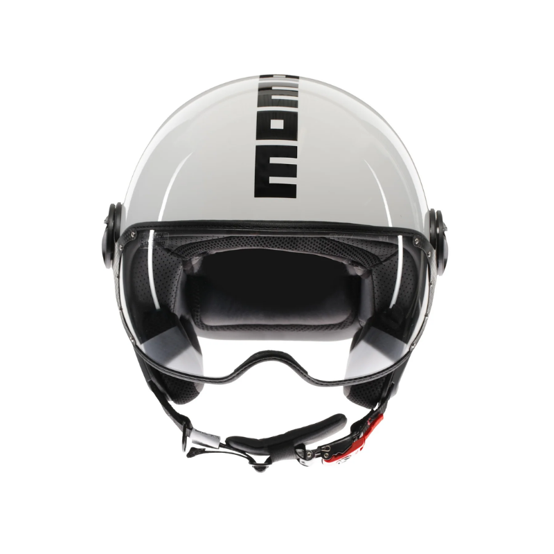Casco jet Momo Design FGTR Classic Mono bianco/nero, vista frontale con visiera trasparente abbassata