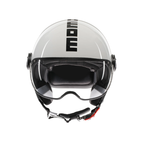 Casco jet Momo Design FGTR Classic Mono bianco/nero, vista frontale con visiera trasparente abbassata