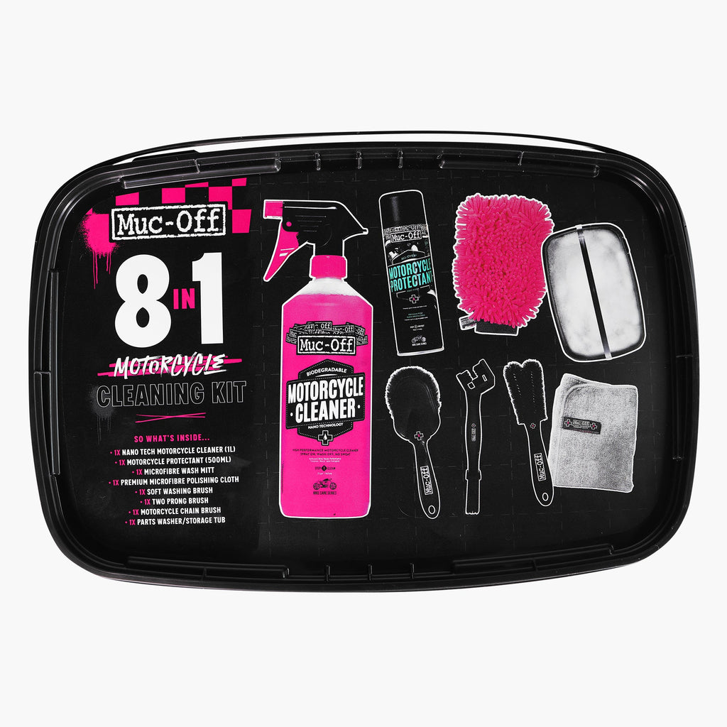Muc-Off 8 in 1 Motorcycle Cleaning Kit: Kit Pulizia Moto 8 Pezzi con Vasca Lavapezzi, codice articolo 168622