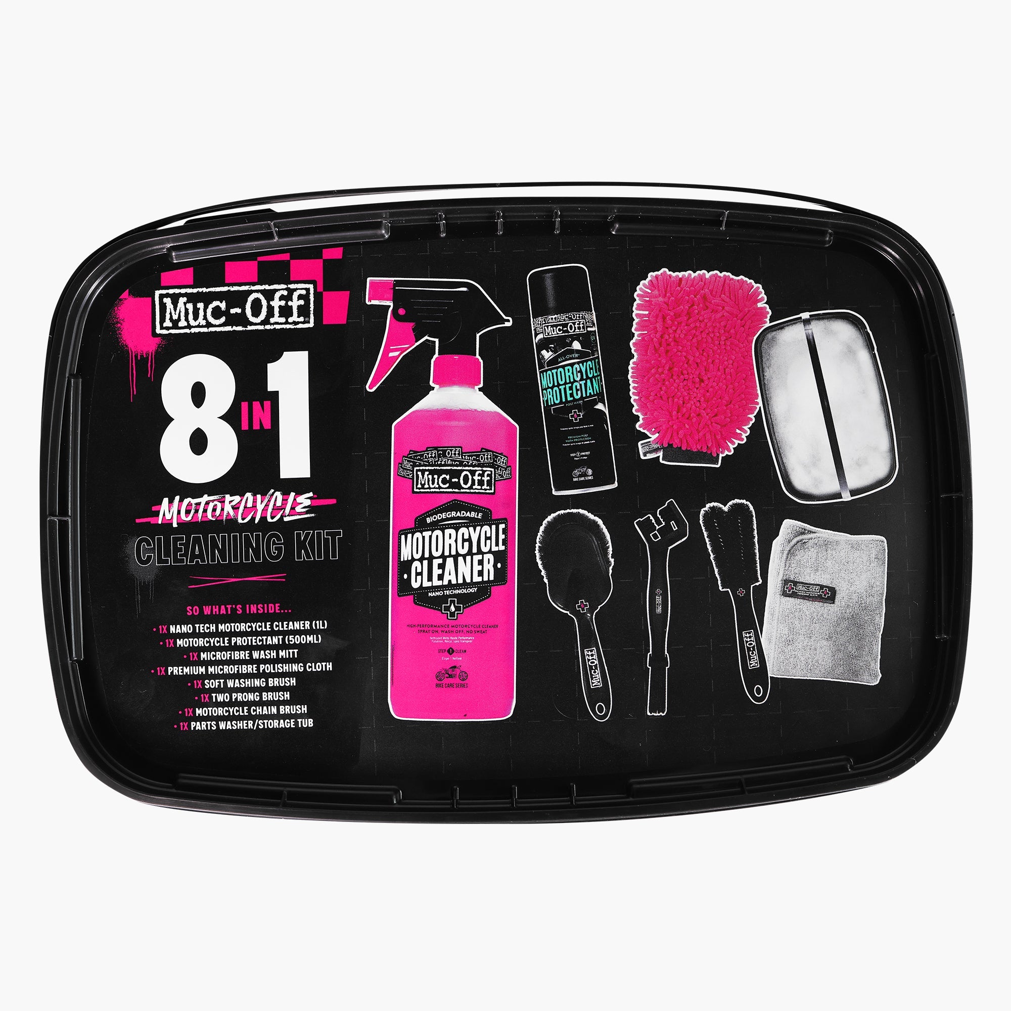Muc-Off 8 in 1 Motorcycle Cleaning Kit: Kit Pulizia Moto 8 Pezzi con Vasca Lavapezzi, codice articolo 168622