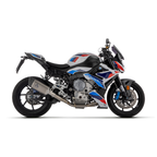 BMW S 1000 R bianca blu e rossa con terminale Arrow Pista montato, vista di tre quarti posteriore — immagine di gamma Arrow