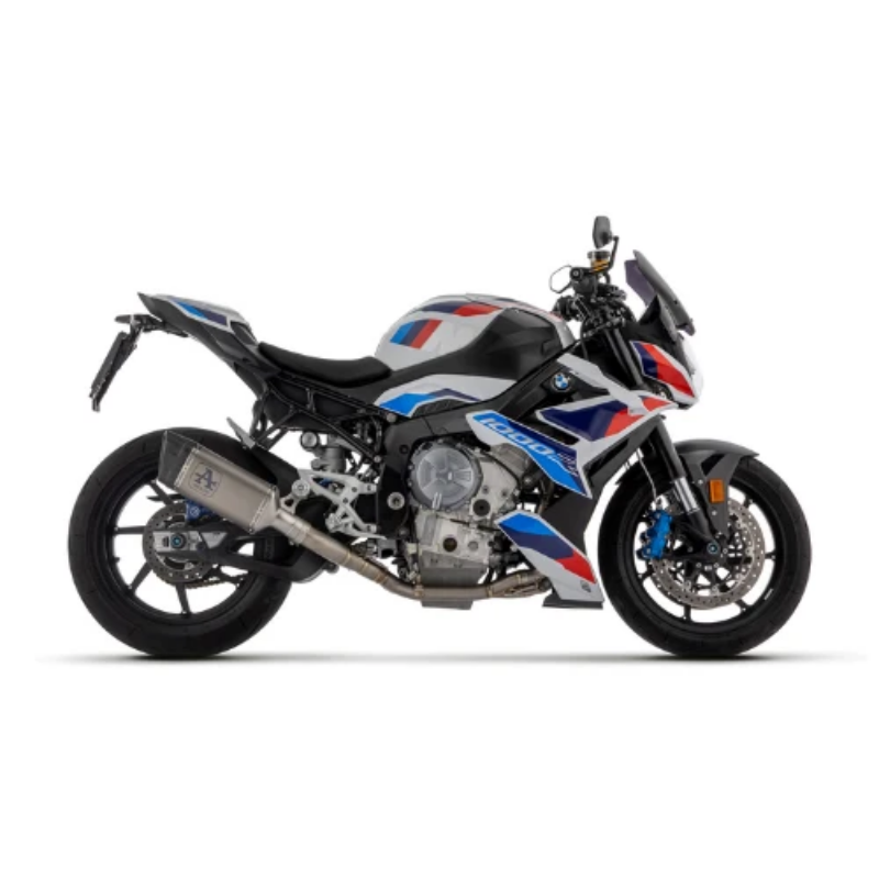 BMW M 1000 R con livrea M bianca, blu e rossa, vista laterale sinistra — immagine di gamma Arrow