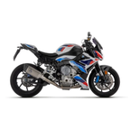 BMW M 1000 R con livrea M bianca, blu e rossa, vista laterale sinistra — immagine di gamma Arrow