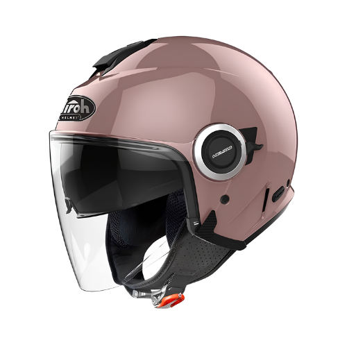 Airoh Helios casco jet rosa metallizzato con visiera trasparente, tre quarti anteriore sinistra