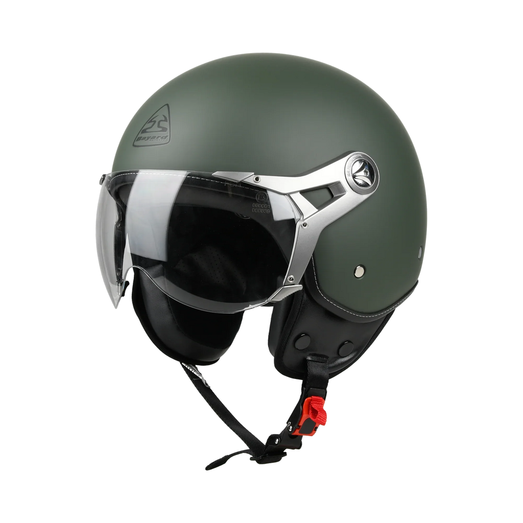Casco jet Bayard XP-11 Apollo verde militare opaco, vista di tre quarti anteriore: visiera trasparente ribaltabile su telaietti cromati e logo Bayard tono su tono