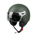 Casco jet Bayard XP-11 Apollo verde militare opaco, vista di tre quarti anteriore: visiera trasparente ribaltabile su telaietti cromati e logo Bayard tono su tono