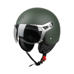 Casco jet Bayard XP-11 Apollo verde militare opaco, vista di tre quarti anteriore: visiera trasparente ribaltabile su telaietti cromati e logo Bayard tono su tono