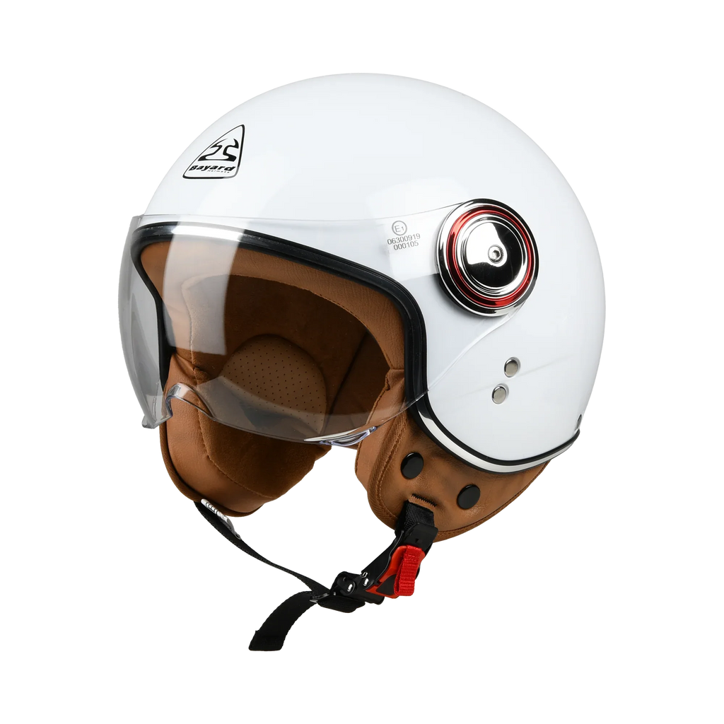 Casco jet Bayard XP-14 Nova bianco, vista di tre quarti anteriore: visiera corta trasparente, bottoni a pressione cromati sul fianco e guanciali marroni microforati