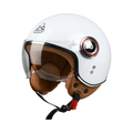Casco jet Bayard XP-14 Nova bianco, vista di tre quarti anteriore: visiera corta trasparente, bottoni a pressione cromati sul fianco e guanciali marroni microforati