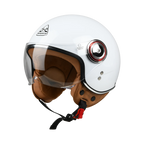 Casco jet Bayard XP-14 Nova bianco, vista di tre quarti anteriore: visiera corta trasparente, bottoni a pressione cromati sul fianco e guanciali marroni microforati