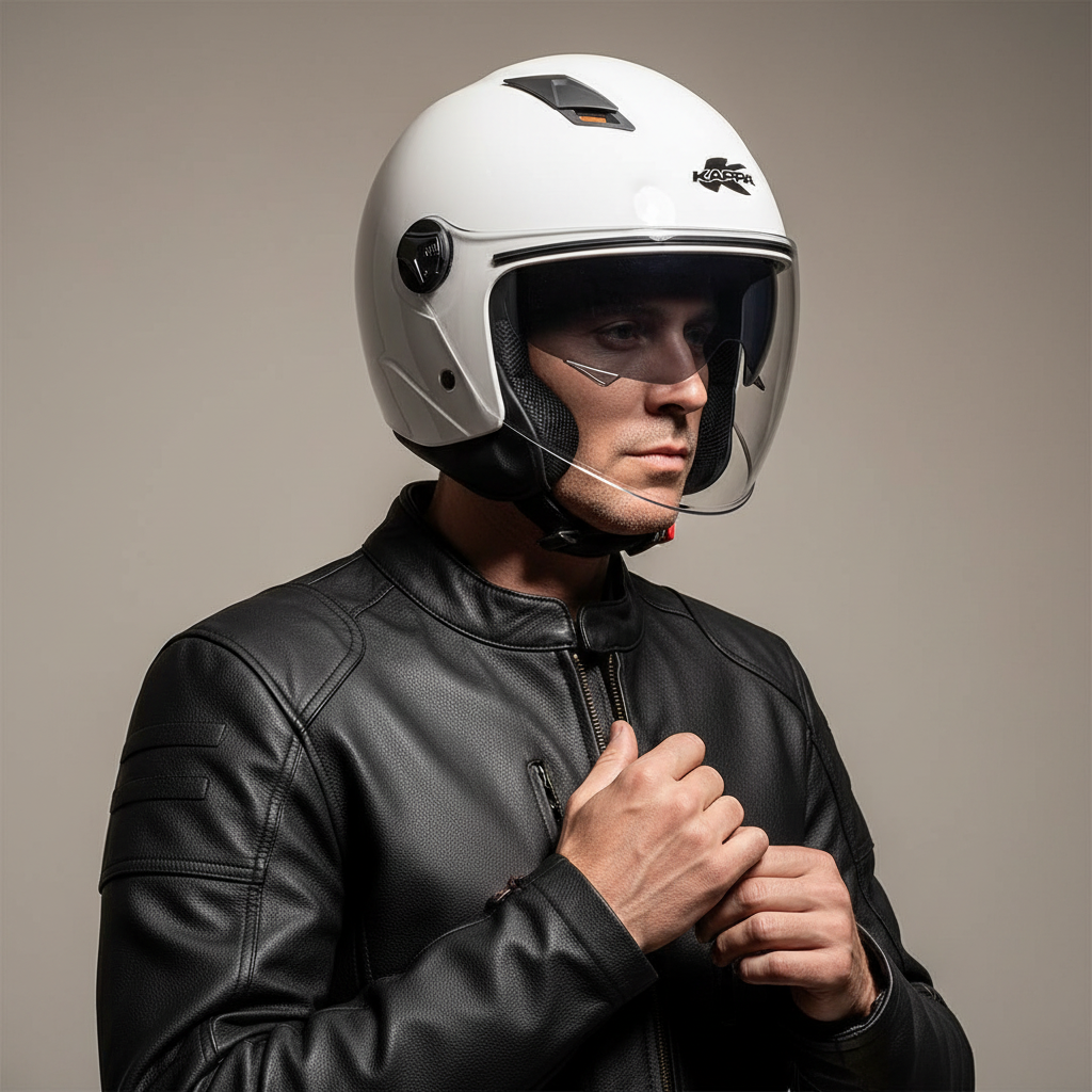 Casco Demi-Jet Kappa KV57 Basic Bianco Lucido con Doppia Visiera - Moon Bike - Vista 6
