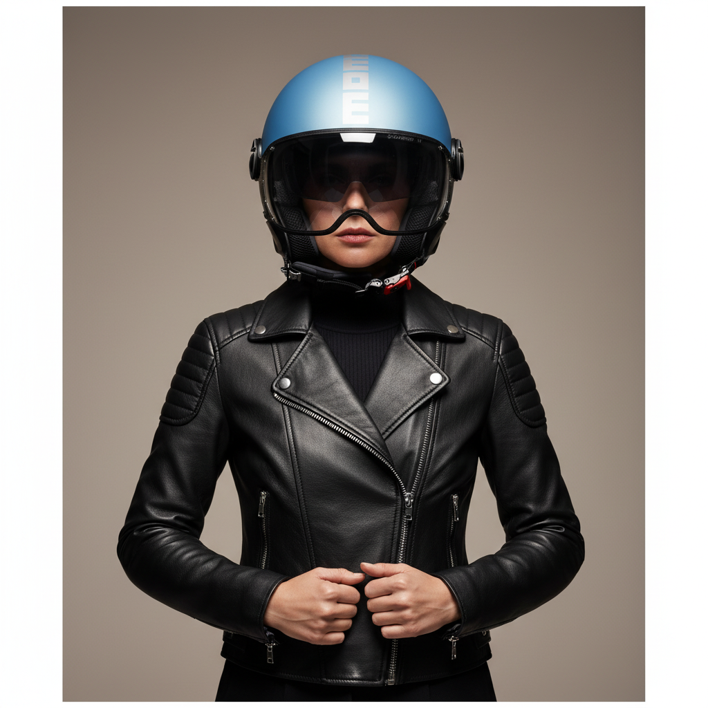 Casco jet Momo Design FGTR EVO blu primavera con visiera abbassata su una donna in chiodo nero