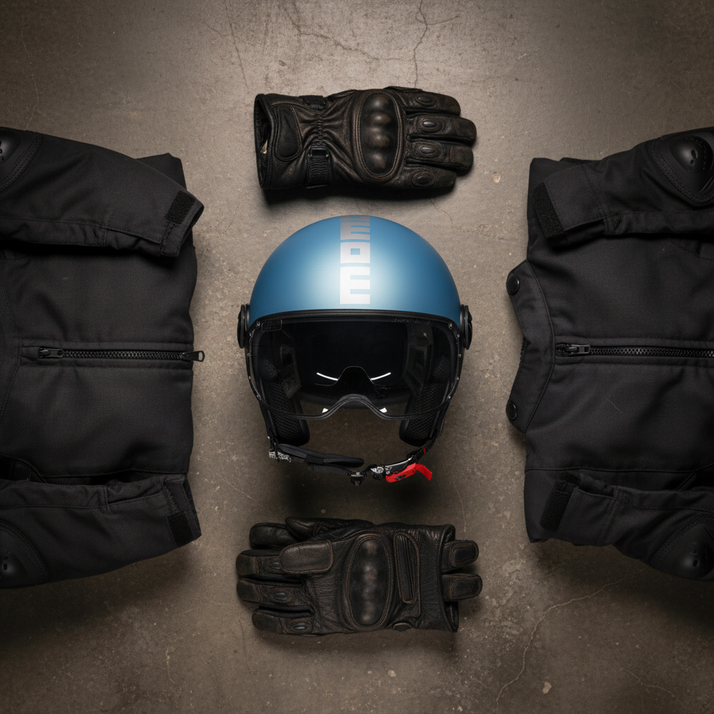 Casco jet Momo Design FGTR EVO blu primavera opaco fra giacche e guanti da moto su cemento