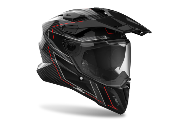 Airoh Commander 2 Carbon Stylish carbonio e rosso casco adventure, tre quarti anteriore sinistra con frontino
