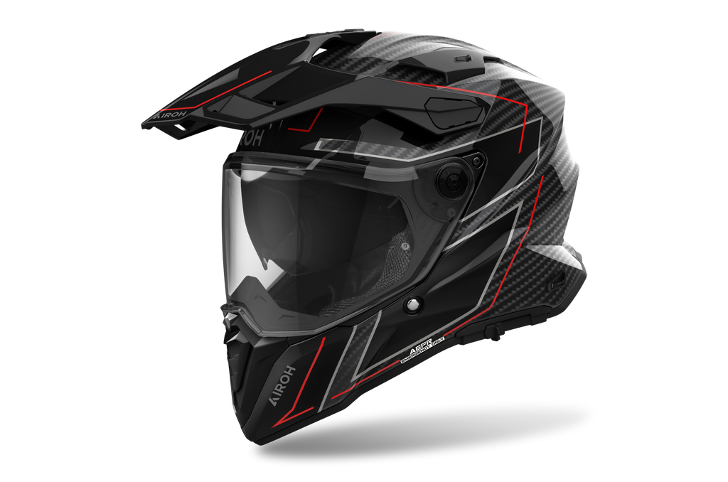 Airoh Commander 2 Carbon Stylish carbonio e rosso casco adventure, tre quarti anteriore destra, visiera chiusa