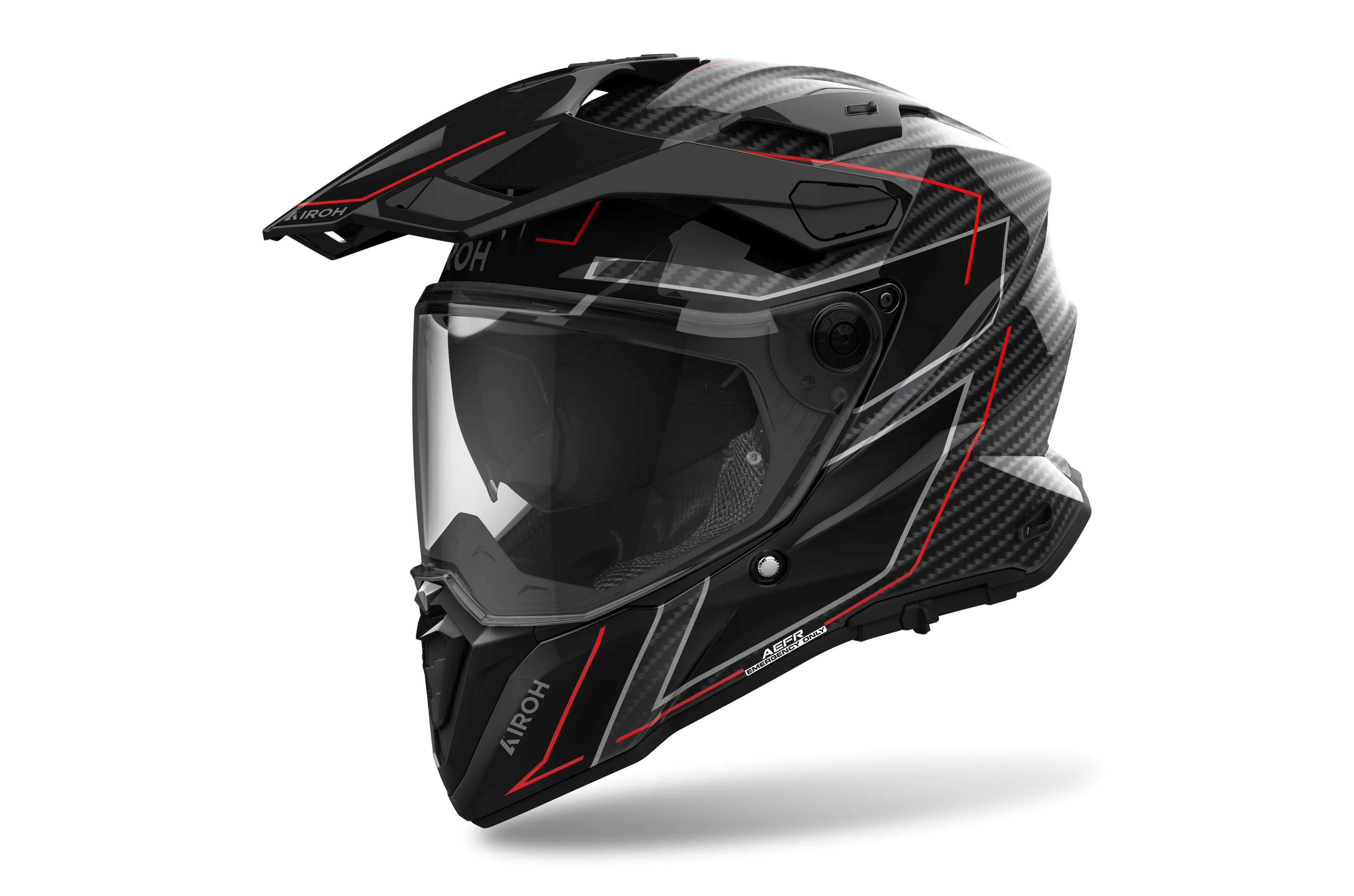 Airoh Commander 2 Carbon Stylish carbonio e rosso casco adventure, tre quarti anteriore destra, visiera chiusa