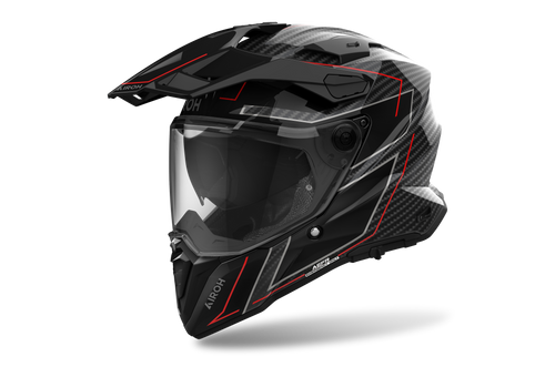 Airoh Commander 2 Carbon Stylish carbonio e rosso casco adventure, tre quarti anteriore destra, visiera chiusa