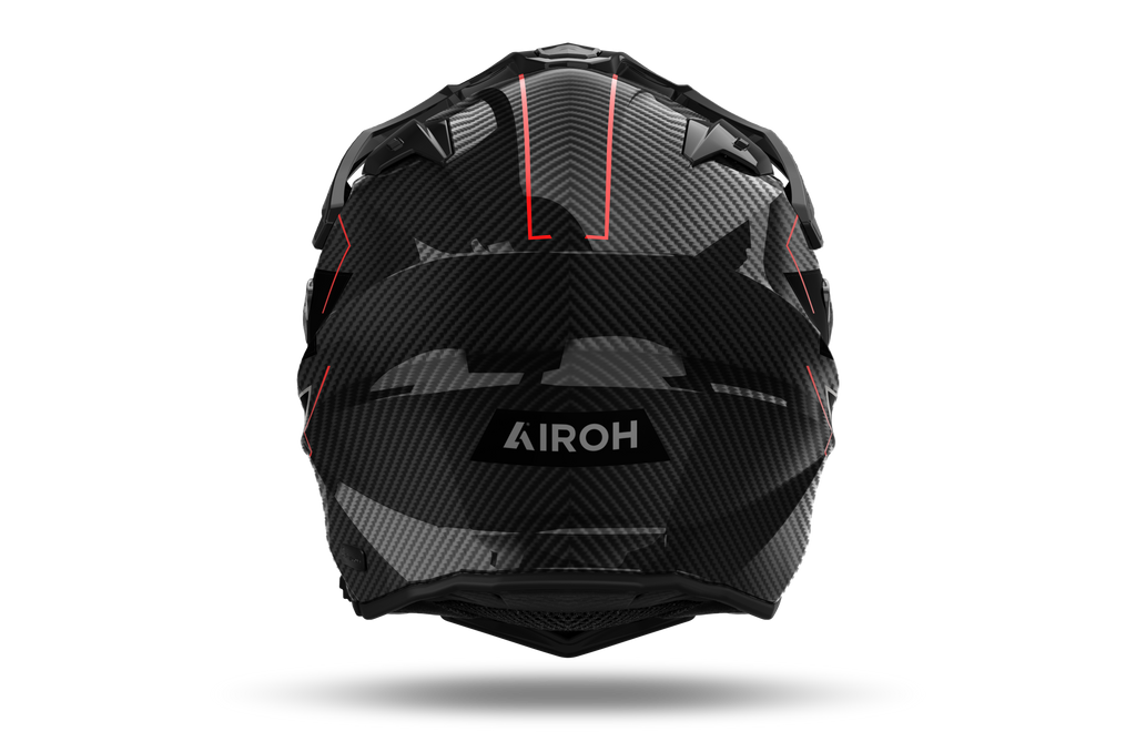 Airoh Commander 2 Carbon Stylish carbonio e rosso casco adventure, vista posteriore, logo Airoh sulla nuca