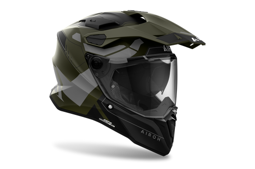 Airoh Commander 2 Reveal verde militare opaco casco adventure, tre quarti anteriore destra, visiera chiusa